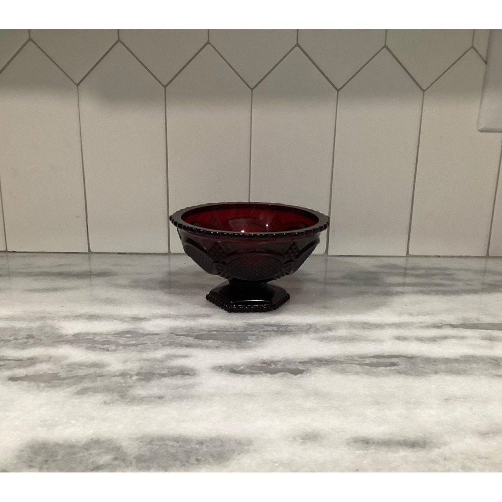 Avon 1876 Cape Cod Collection Red Ruby Glass Pedestal Candy Dish Bowl 6"